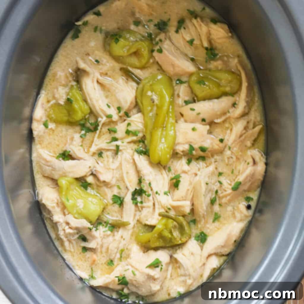 slow cooker mississippi chicken recipe, crock pot mississippi chicken recipes. A close-up of the shredded chicken dish, showcasing its rich texture and appetizing appeal.