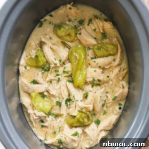 A perfectly cooked Mississippi Chicken dish, ready to be served. The shredded chicken is coated in a rich, savory sauce with visible pepperoncinis.