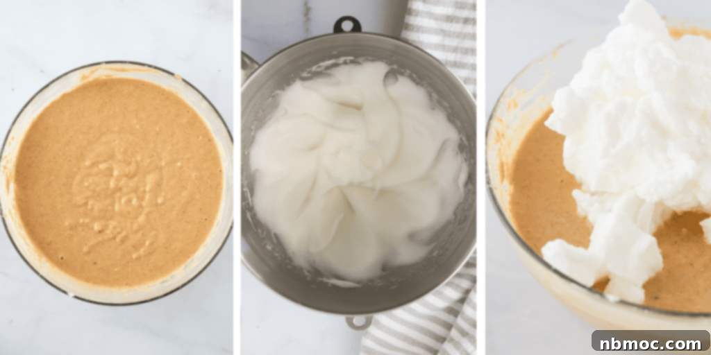 Three photos showing a bowl of batter, a bowl of whipped egg whites and a bowl with the batter and egg whites combined.