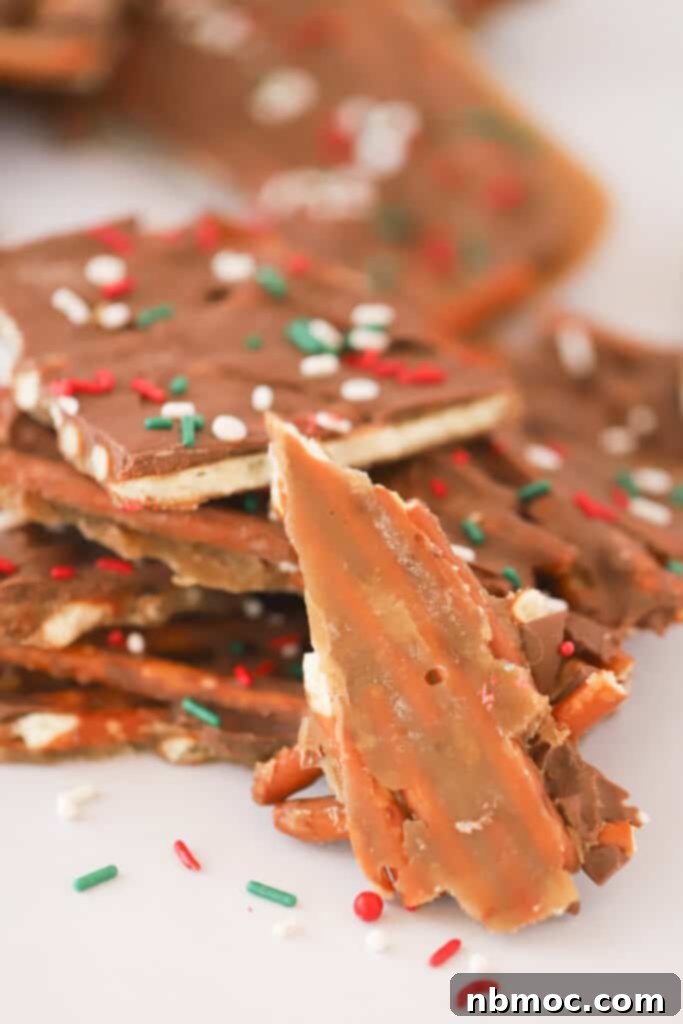 Broken pieces of pretzel toffee covered with milk chocolate and festive holiday sprinkles, ready for gifting or snacking.
