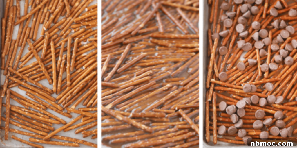 A step-by-step visual guide showing how to prepare pretzel toffee: arranging pretzels, pouring hot toffee, and spreading melted milk chocolate chips on a sheet tray.