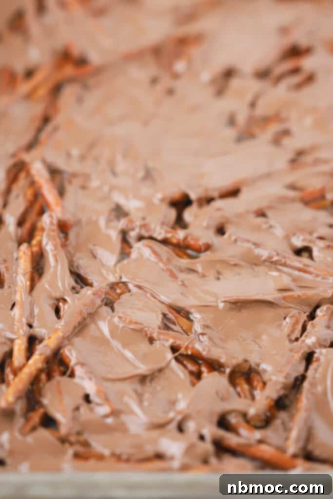 Close-up of a large slab of pretzel toffee covered in melted milk chocolate, showcasing its irresistible texture, often called Christmas Crack Pretzels.