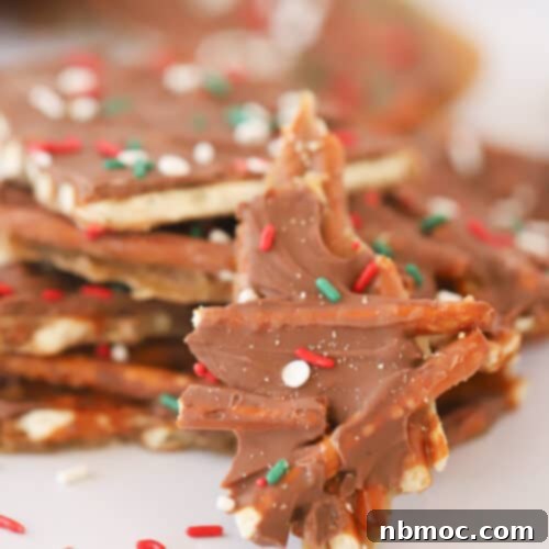 A delicious slice of pretzel toffee, showcasing its layers of pretzel, toffee, and chocolate, topped with toasted nuts.