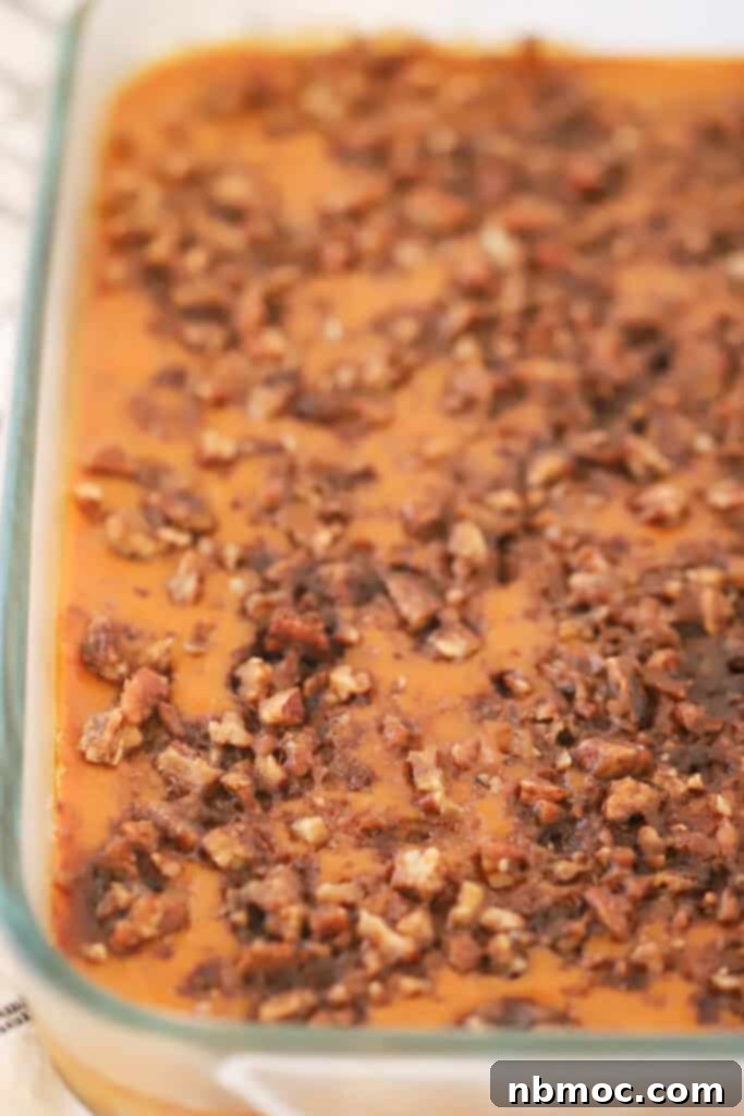 Pumpkin pie bars with walnut crunch topping baked into a baking dish.