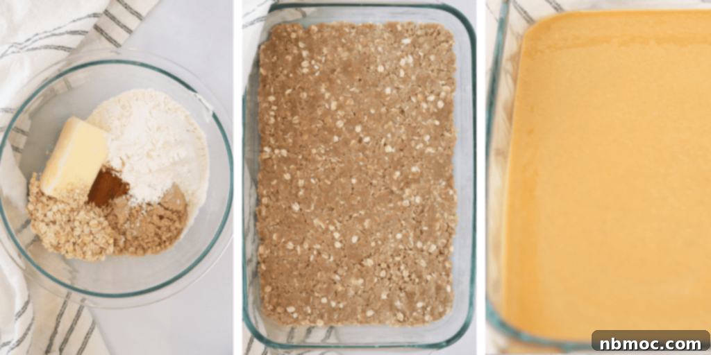 Three photos showing a glass mixing bowl with oat crust ingredients, a baking dish with the oat crust pressed into the bottom and a baking dish with the pumpkin filling over the crust ready to bake.
