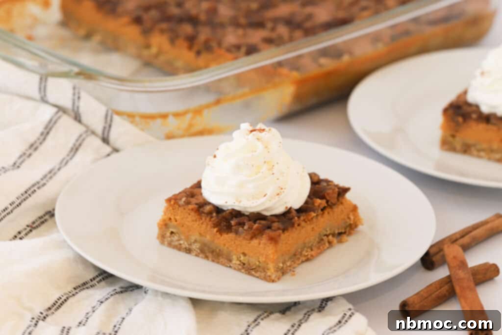 A white plate with a slice of pumpkin crunch bar topped with whipped cream and cinnamon.