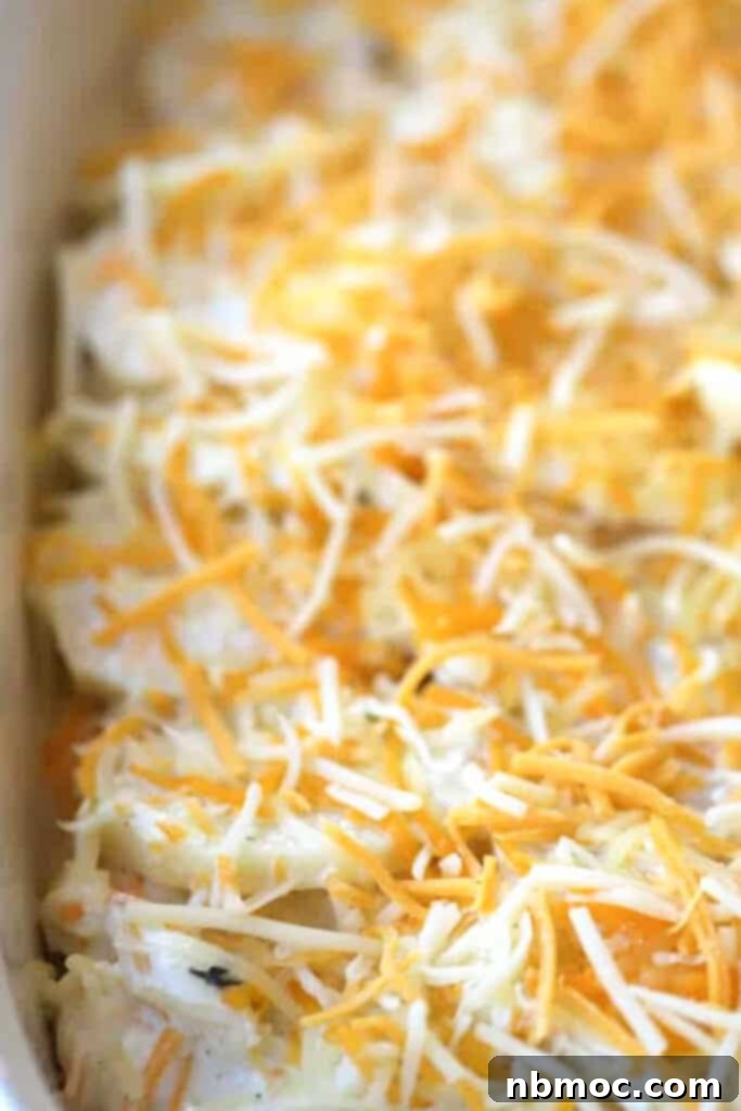 Silken Cream Potato Gratin 4 Freshly baked homemade cheesy scalloped potatoes in a white ceramic baking dish, ready to be served.