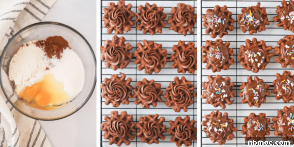 Waffled Brownie Delights 4 A glass mixing bowl with brownie waffle batter ingredients, a wire rack with waffle cookies with piped chocolate frosting on top, and a wire rack with waffle cookies with melted chocolate frosting on top and sprinkles.