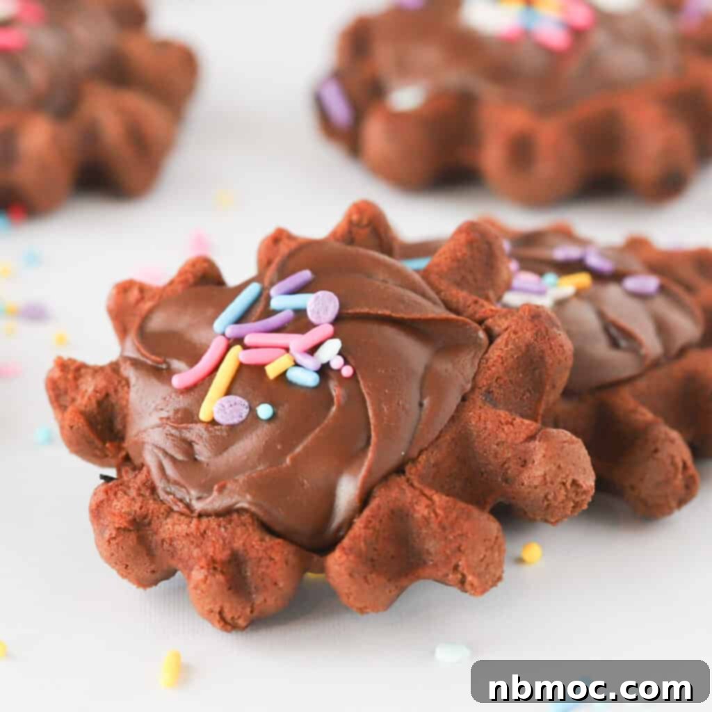 Waffled Brownie Delights 5 Chocolate waffle cookies topped with frosting and sprinkles.