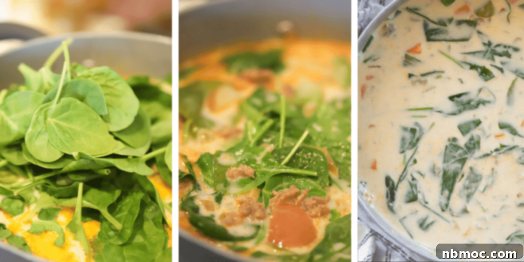Step-by-step imagery demonstrating how to create creamy Tuscan Soup, showcasing the best sausage Tuscan soup filled with spinach and vegetables.