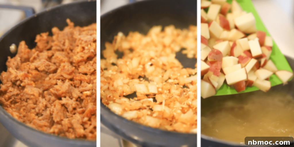 A three-panel image demonstrating the cooking process: browning sausage, sautéing onions, and adding potatoes to a pot for Tuscan soup.