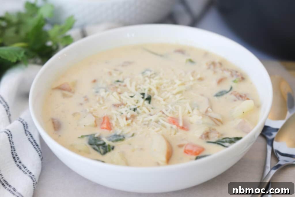 A close-up of a bowl filled with creamy Tuscan soup, beautifully garnished with shredded cheese, highlighting this delightful chicken Tuscany soup recipe.