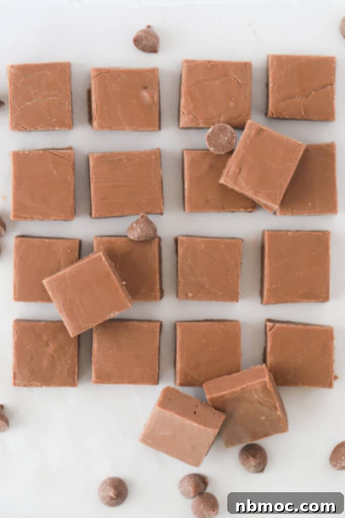 Delicious chocolate fudge cut into perfect squares and resting on a clean kitchen counter, highlighting its homemade appeal.