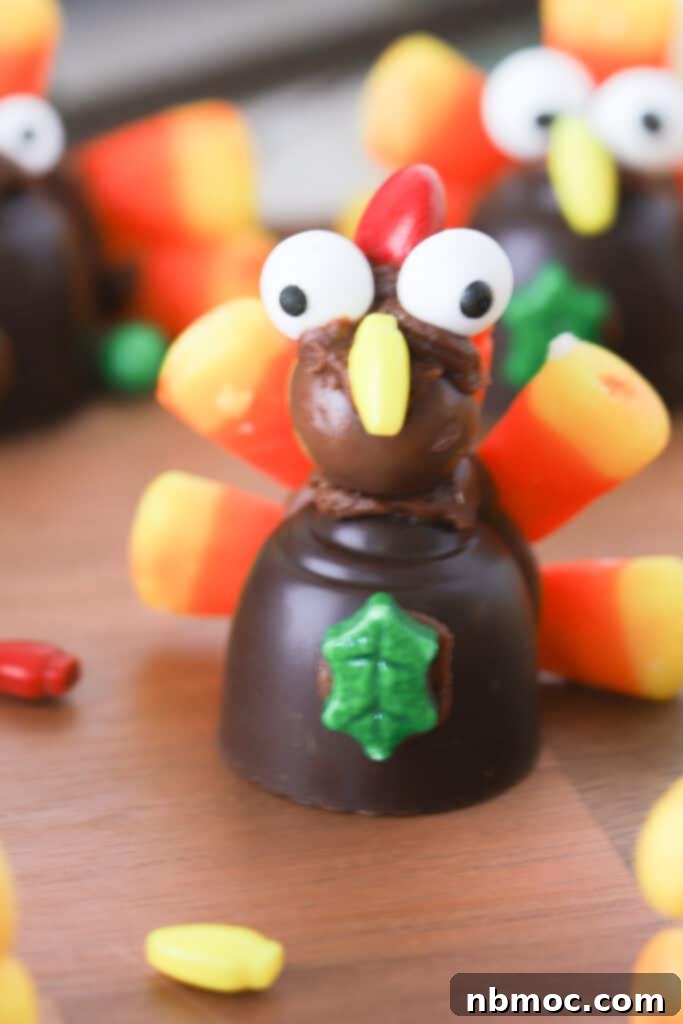 A closeup of a turkey candy made out of candies. 