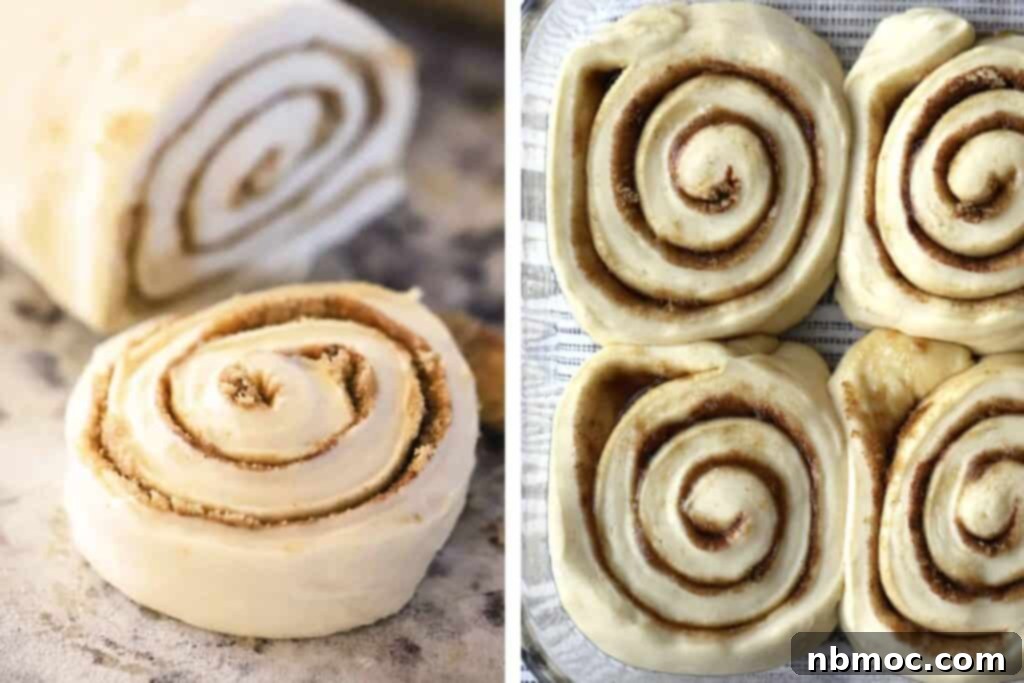 Two sequential pictures illustrating the cinnamon roll making process. The first shows a log of cinnamon roll dough being expertly sliced into individual rolls. The second shows the raw cinnamon rolls neatly arranged in a baking dish, having risen significantly and touching each other, ready for baking.