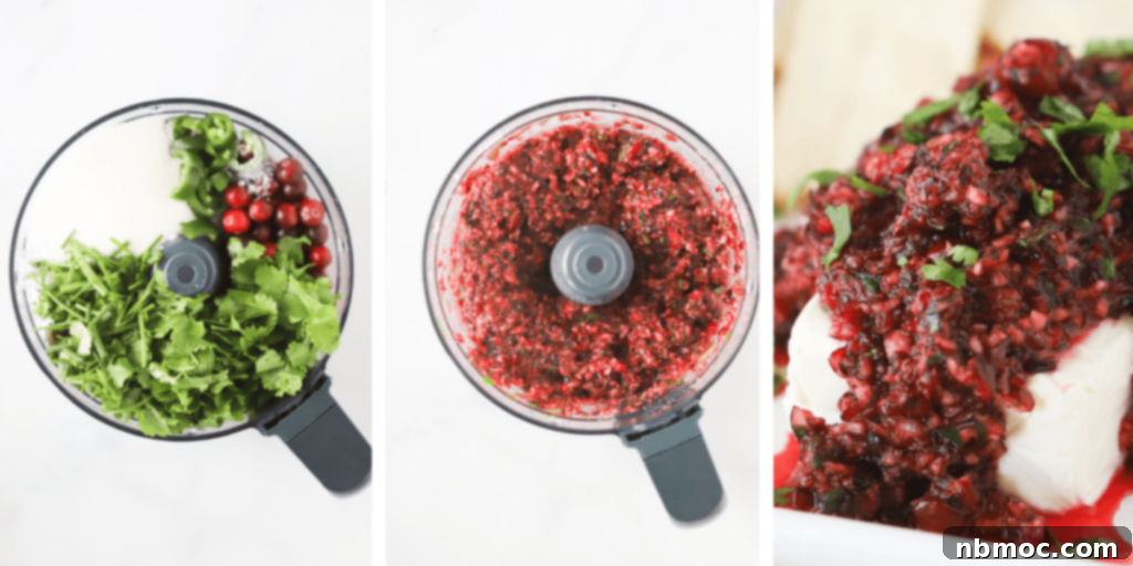 Raw ingredients in a food processor, the salsa blended and the cranberry salsa over cream cheese on a serving platter.