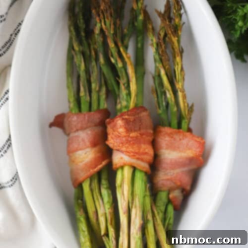 Crispy Bacon Asparagus Bundles 6 bacon wrapped roasted asparagus in the oven
