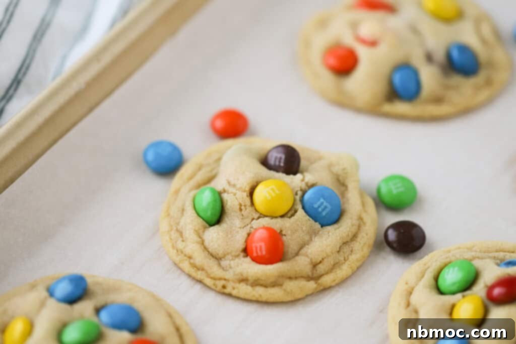 Close-up of a single M&M cookie, showcasing its vibrant colors and soft, chewy texture on a white background.