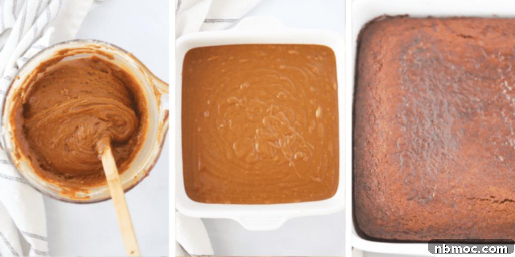 Aromatic Ginger Spice Bake 3 Step-by-step photos illustrating the process of making a moist and flavorful gingerbread cake, from mixing ingredients to pouring batter.