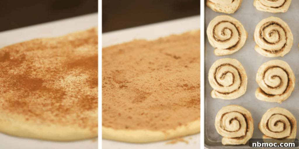 Step-by-step image of pumpkin cinnamon roll dough being mixed and prepared for rolling.