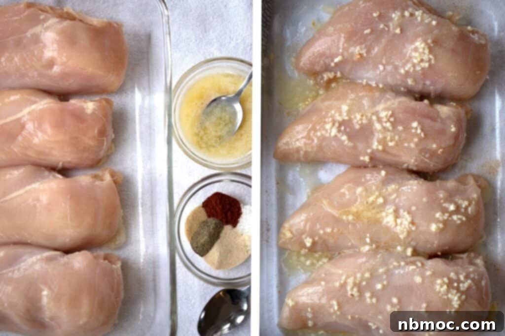 Two pictures showing how to prepare the best baked chicken breast. One with chicken pounded flat and seasoned, the other with raw chicken in a baking dish.