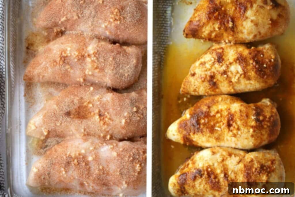 Tender and juicy chicken breast in the oven, seasoned and ready to bake, and cooked chicken breast in a glass baking dish.