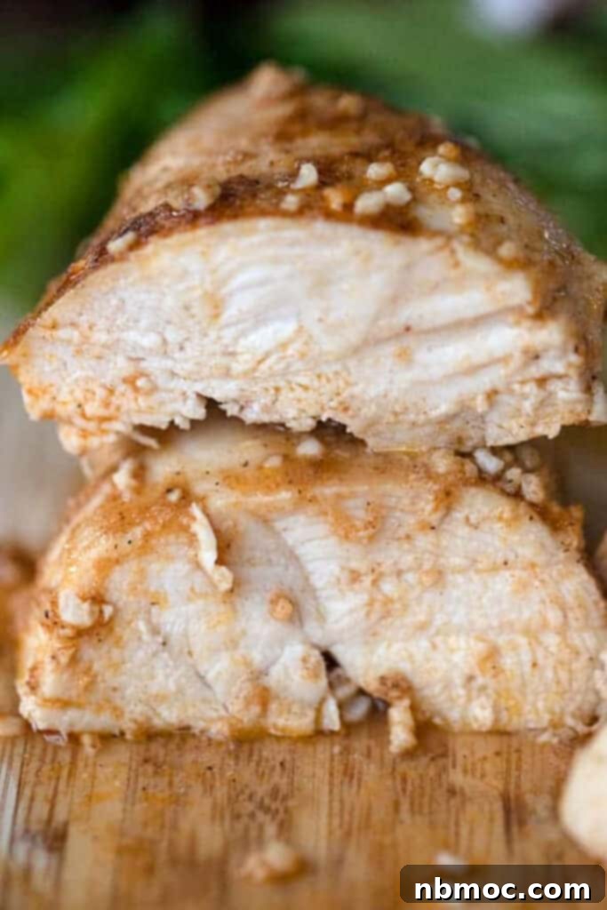 Chicken breast recipes oven with simple ingredients, showing cooked chicken and internal temp of chicken breast. Recipes for boneless chicken breast, easy baked chicken breast.