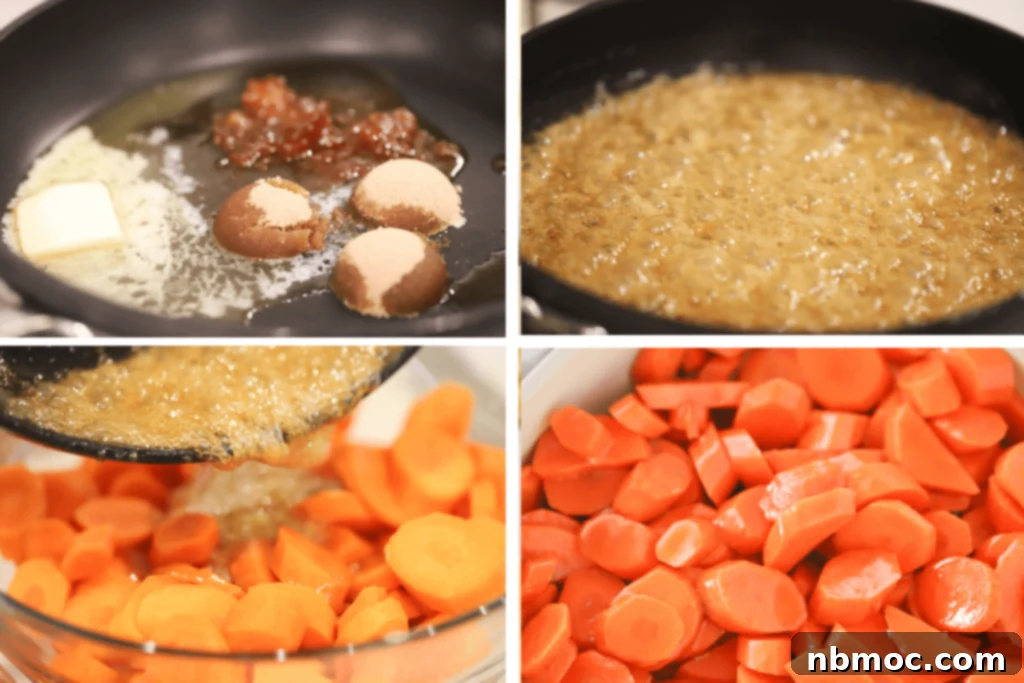 Photos showing steps for making Glazed Carrots including a pan making the glaze, the glaze cooking, the glaze being poured over carrots and a bowl of the finished carrots.
