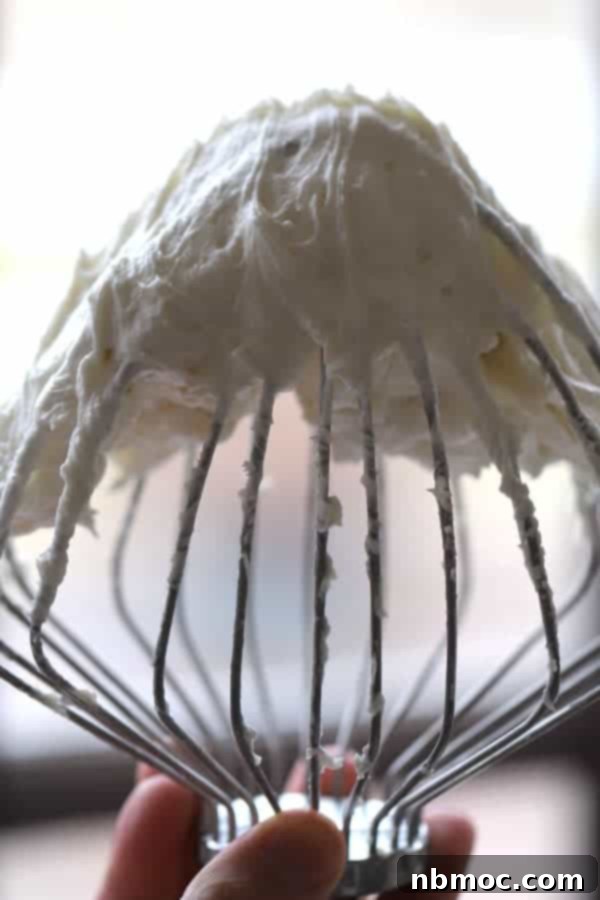 Whip Up Perfect Buttercream Frosting 4 A wire whisk lifts out of a bowl of basic buttercream icing, illustrating the homemade frosting's smooth and airy texture.