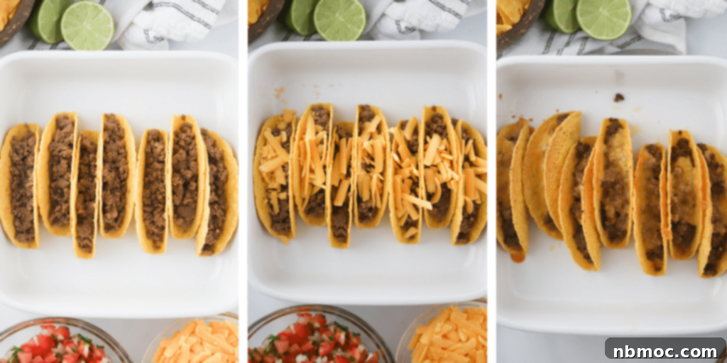 how to make tacos with ground beef by filling them, topping with cheese and baking in the oven. how to make beef tacos recipe.