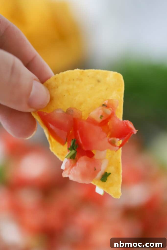 A hand holding a chip dipped in fresh pico de gallo salsa.