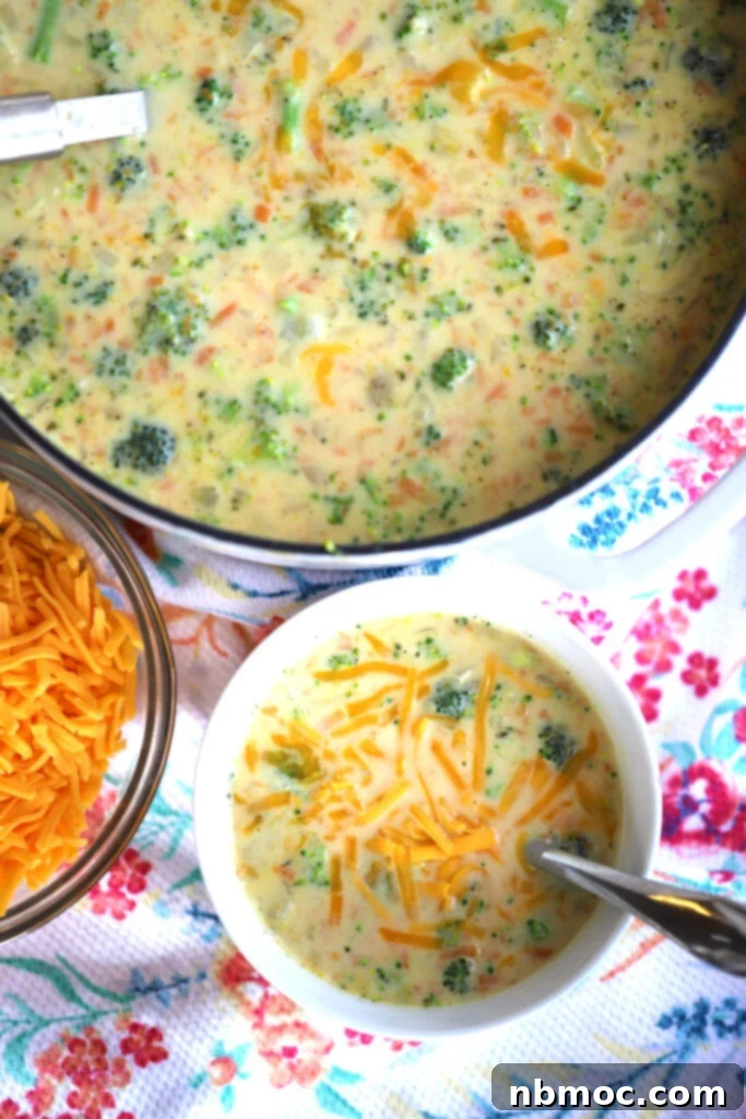 A steaming pot of golden Potato Broccoli Cheese Soup on a stovetop, with a single serving bowl ready on a checkered tablecloth, inviting you to taste.