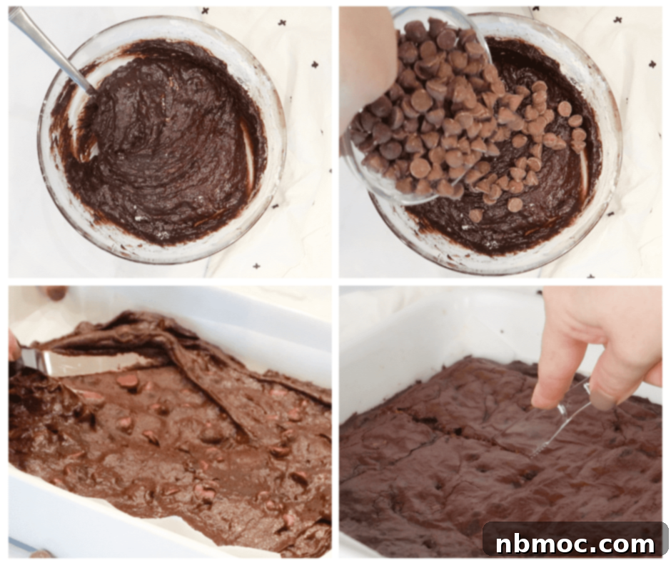 Four photos showing the process for making this Brownie Recipe chewy, including mixing the batter, spreading into a baking dish and cutting the bake brownies. chocolate brownie fudge recipe