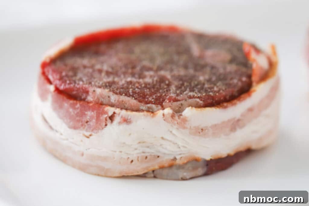 A raw filet mignon steak meticulously wrapped in a slice of bacon and ready to be cooked. This visual guide shows filet mignon bacon, wrapping steak in bacon, and how to cook bacon wrapped filet mignon.