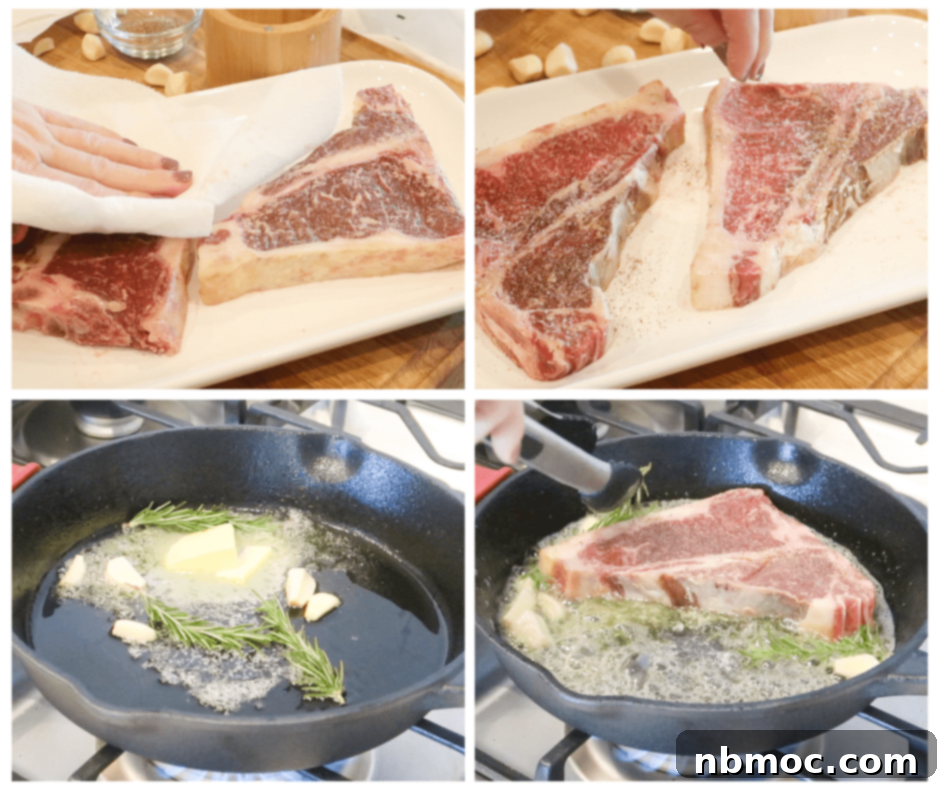 Four photos showing steps for how to sear a steak in a pan and finish it in the oven, demonstrating the cooking process.