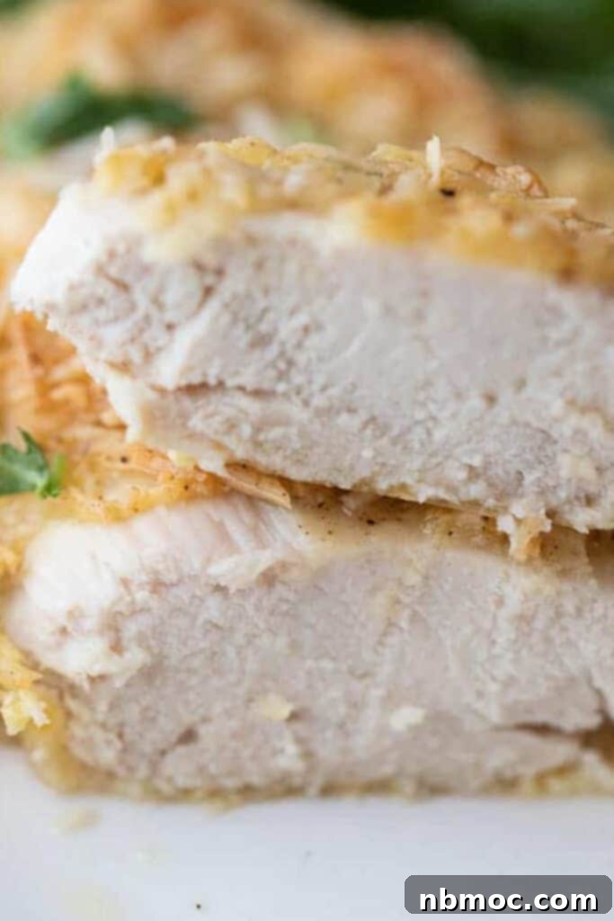 Parmesan Ranch crusted Chicken sliced in half on a serving plate. baked chicken parmesan, ranch chicken parmesan.