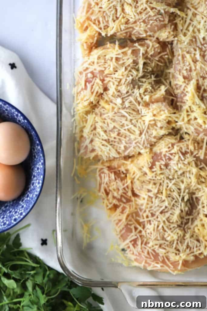 A baking dish with chicken breasts covered in Parmesan crust.