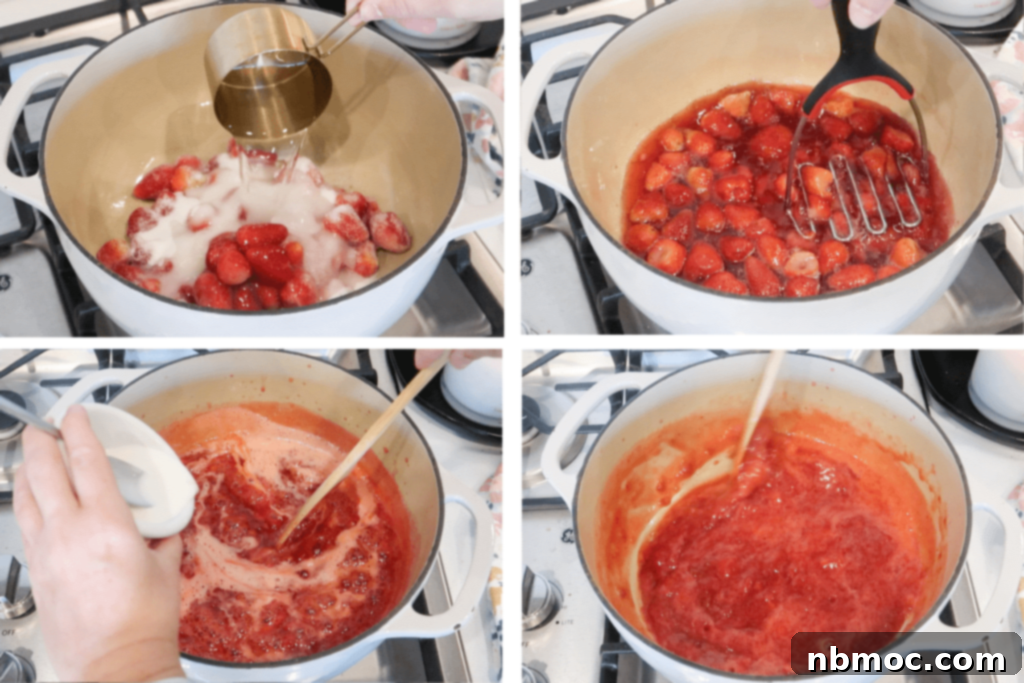 Four photos showing how to make strawberry sauce in a saucepan. easy strawberry sauce recipe. 