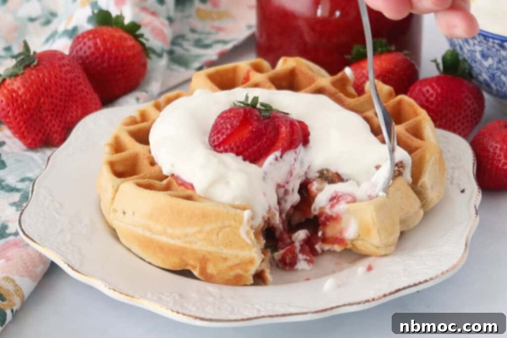 A Belgian waffle on a plate topped with fruit sauce, whipped cream and a strawberry, strawberry sauce for waffles. strawberry sauce from frozen strawberries