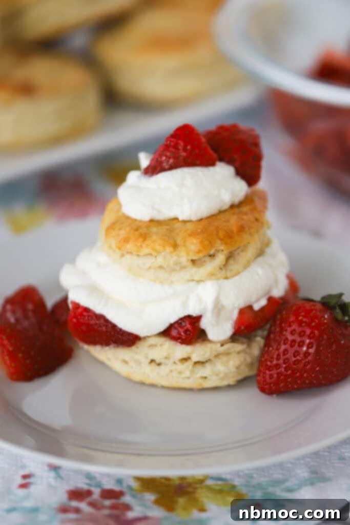 A beautifully arranged classic Strawberry Shortcake on a white plate, generously topped with whipped cream and vibrant fresh strawberries.