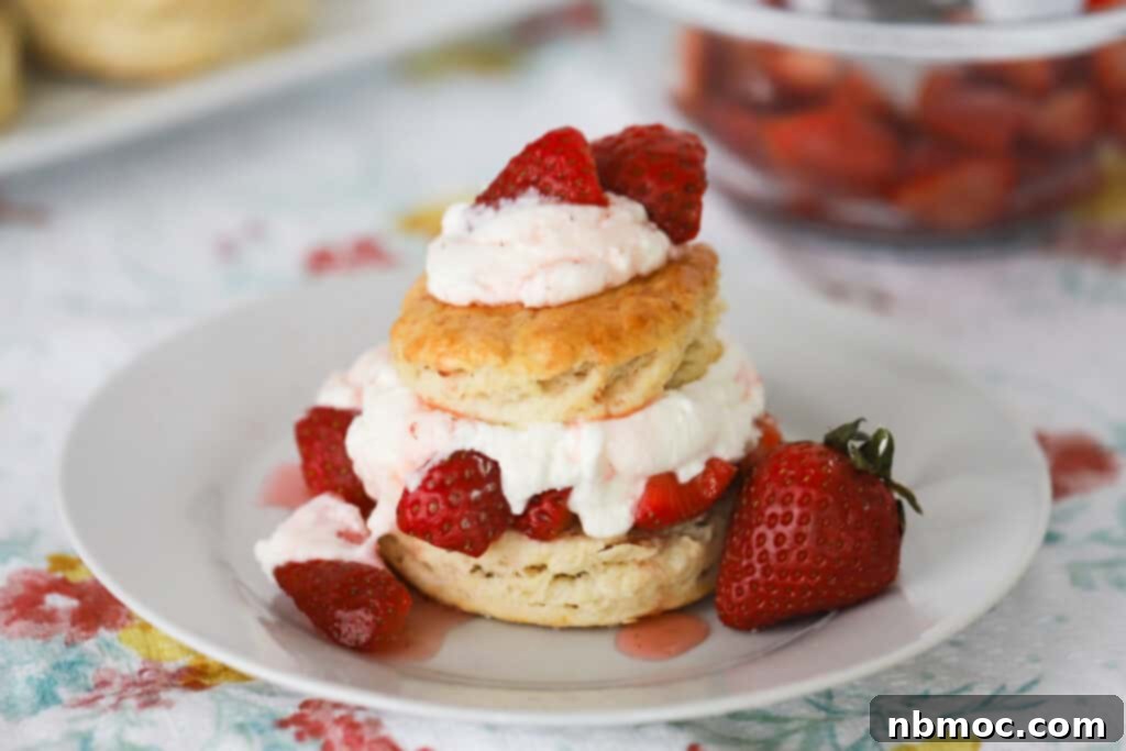 A close-up of a single serving of Strawberry Shortcake, showcasing layers of fluffy biscuit, juicy strawberries, and a generous dollop of homemade whipped cream.