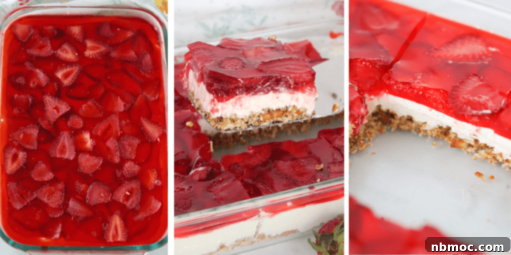 A series of photos showcasing the preparation process of strawberry pretzel salad, including a baking dish filled with vibrant strawberry gelatin, a spatula carefully removing a perfect slice of the dessert, and another photo displaying multiple slices ready to be enjoyed.