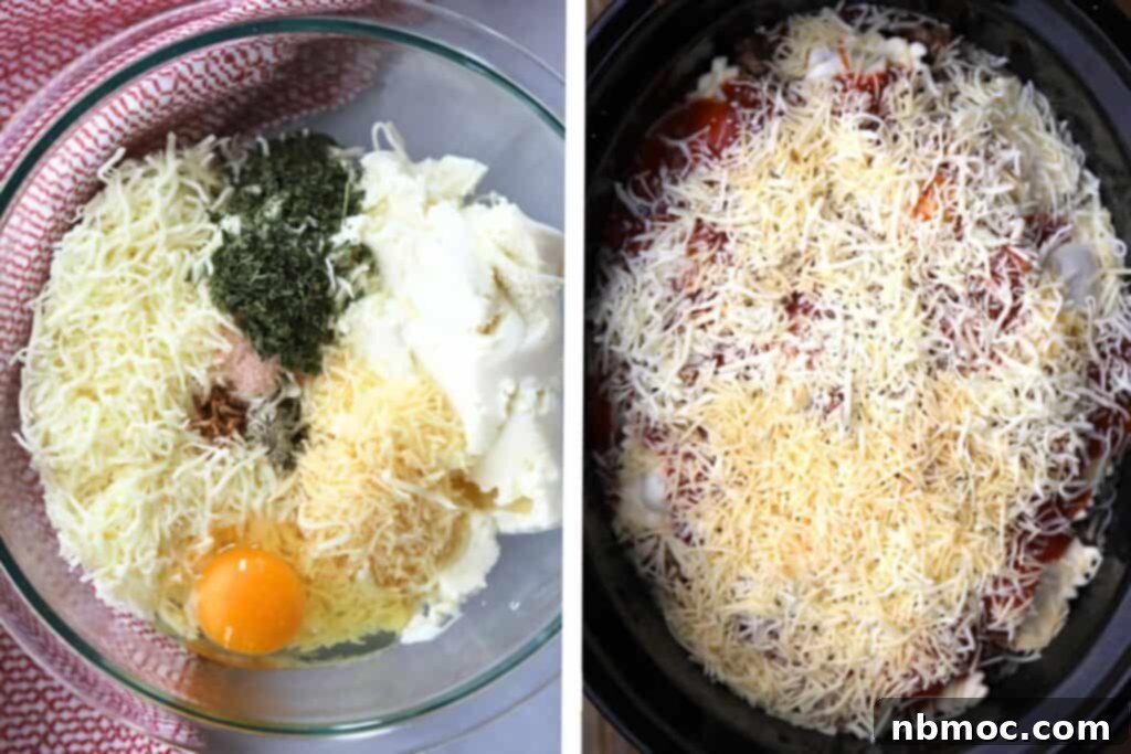 Effortless Slow Cooker Ravioli Lasagna 3 Ingredients for the cheese mixture in a bowl, and the slow cooker with assembled lasagna layers before cooking.