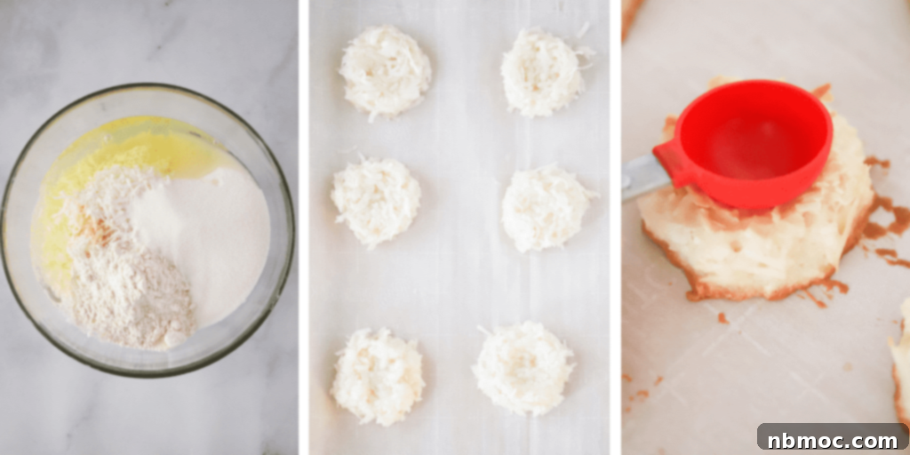 Adorable Coconut Macaroon Easter Nests 3 Three photos showing the steps for making macaroons, including a bowl with ingredients ready to mix, macaroons on a baking sheet ready to bake, and a measuring cup pressing a dent into the center of a baked macaroon.