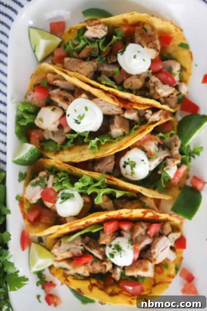 The best chicken tacos filled with marinated chicken, fresh tomatoes, lime wedges, crisp lettuce, and a dollop of sour cream, served in soft corn tortillas on a vibrant platter.