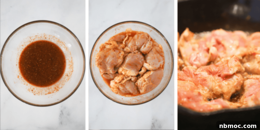 A three-panel image showing the preparation of chicken tacos: a blend of taco seasoning, raw chicken mixed with marinade in a bowl, and marinated chicken cooking in a hot pan.