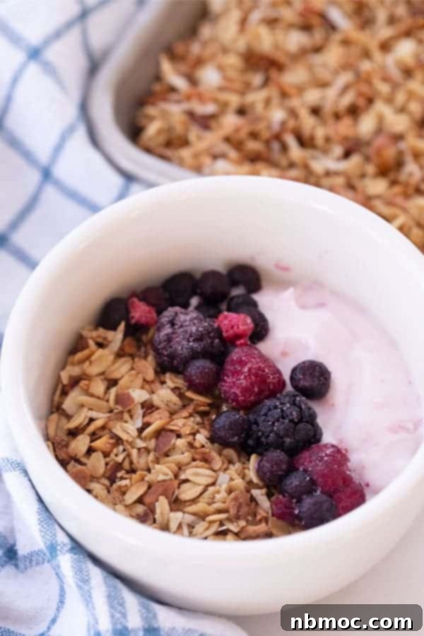Homemade granola in a bowl, crunchy and wholesome, perfect for breakfast or a snack.