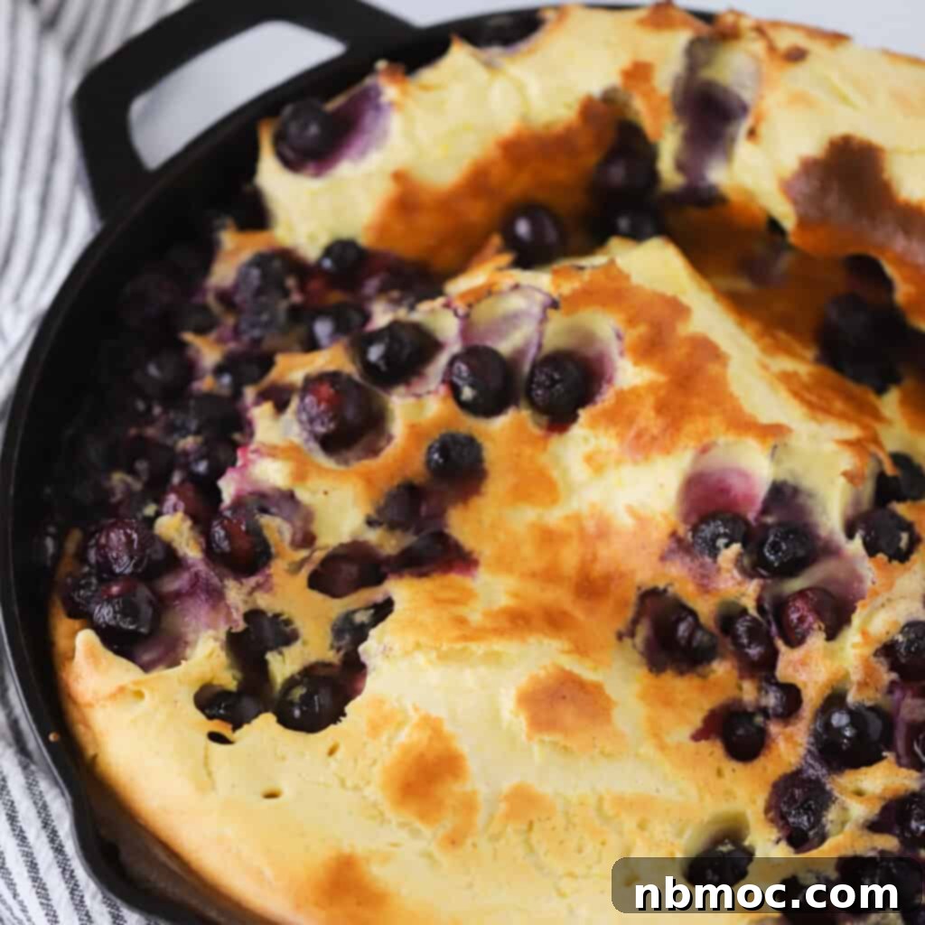 A lemon blueberry Dutch baby pancake, puffed and golden, a delightful breakfast recipe.
