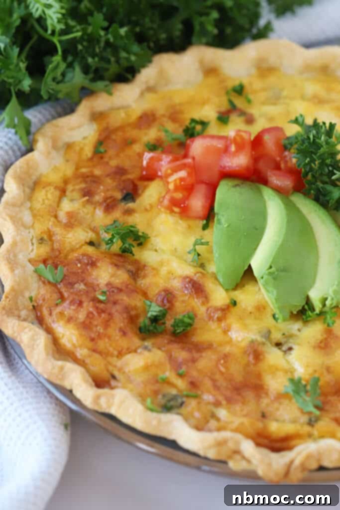 A vibrant vegetable quiche, loaded with fresh ingredients, making for a healthy and appealing breakfast or brunch idea.