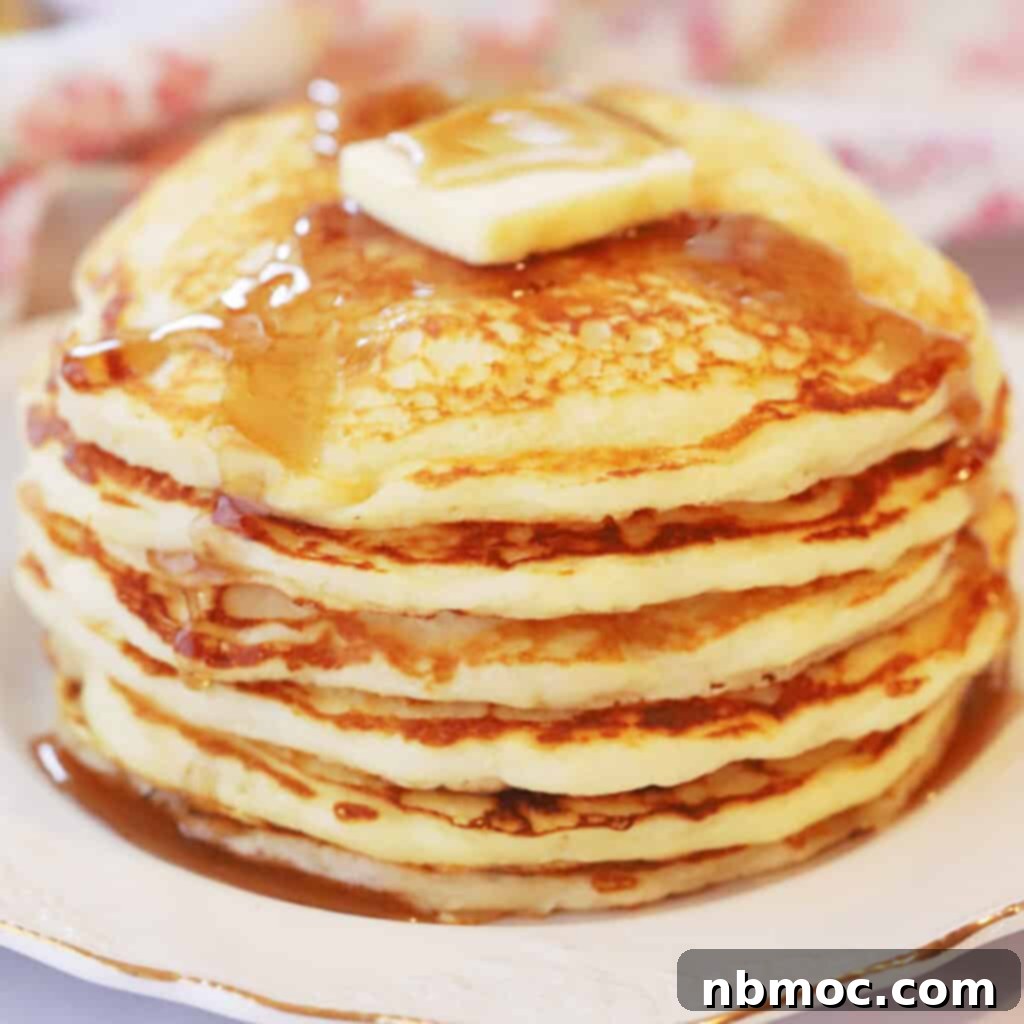 A stack of golden homemade buttermilk pancakes, topped with butter, a perfect classic breakfast recipe.